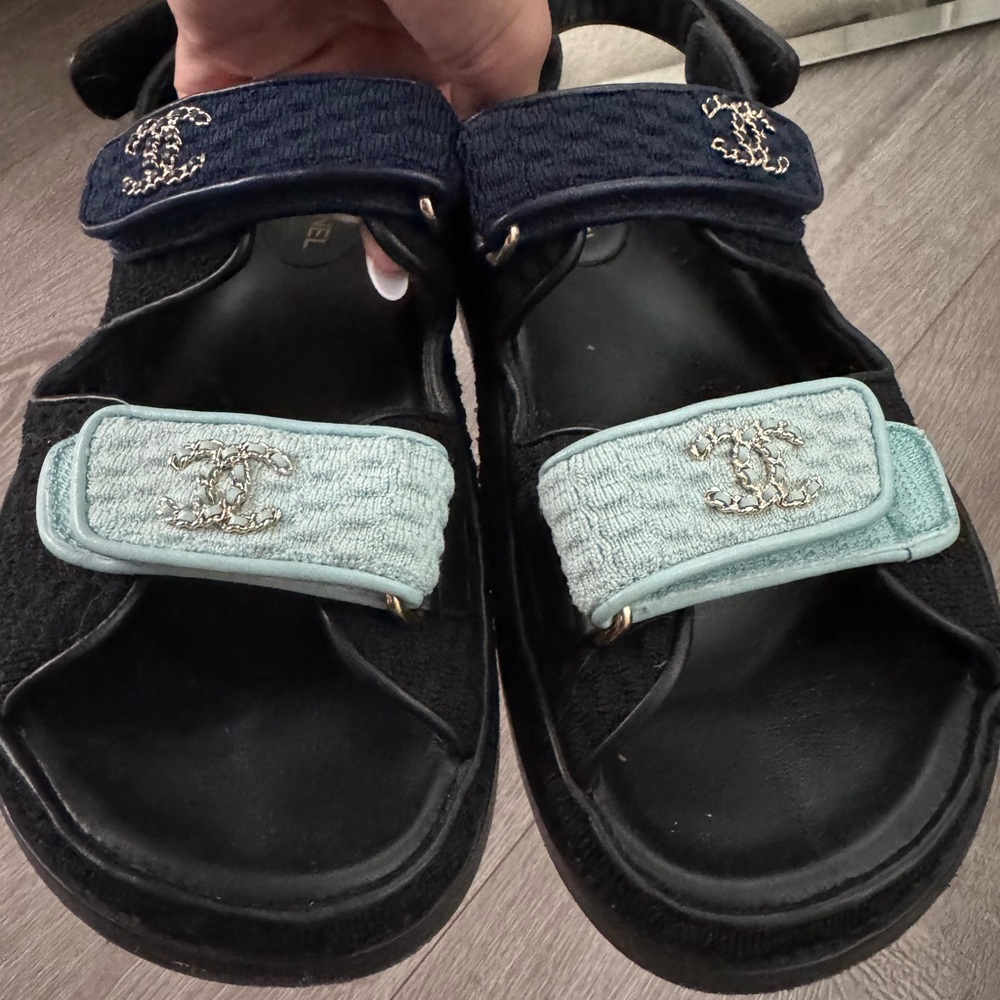 CHANEL Black, Navy, and Light Blue Sandals